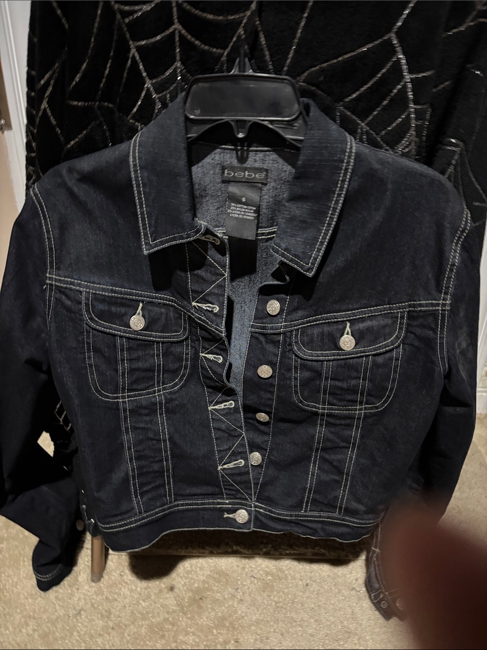 bebe Black Denim Jacket with Contrast Stitching